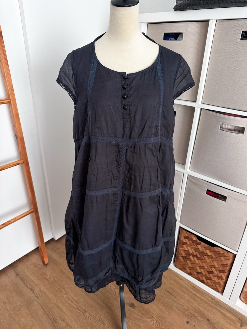 Ewa i Walla Reversible Black Cotton Tunic Dress Lace Lagenlook Boho
